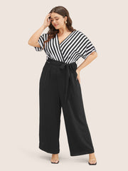 Striped Patchwork Pocket Batwing Sleeve Belted Wrap Jumpsuit
