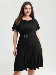 Stretch Knit Pockets Waist-Buckle Mini Dress