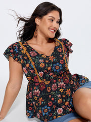 Vibrant Floral Print V-Neck Blouse