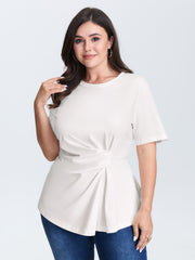 Cinched-Waist Ruched Plain Knit Top