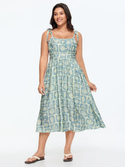 Ocean Print Shoulder-Tie Pleated Midi Dress
