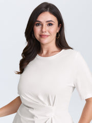 Cinched-Waist Ruched Plain Knit Top