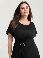 Stretch Knit Pockets Waist-Buckle Mini Dress