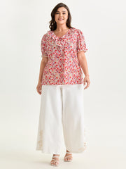 Sweet Floral Print Lettuce Leaf Detail Blouse