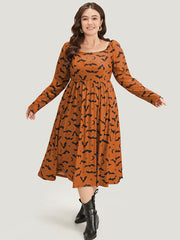 Halloween Bat Print Pocket Square Neck Dress