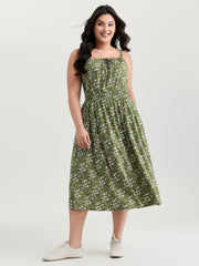 Dense Floral Print Cinched-Waist Midi Dress