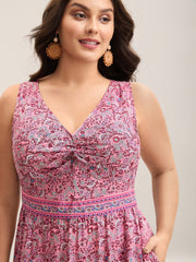 Rayon Floral Print Stretchy Waist Midi Dress