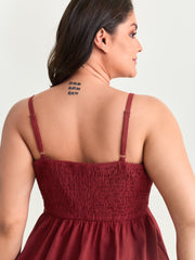 Cotton Linen Shirred Drawstring Neckline Tank Top