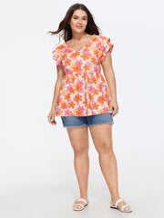 Stretchy Floral Print Ruffled Sleeve Knit Top