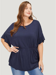 Plain Gathered Batwing Sleeve Ruffle T-shirt