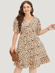 Leopard Print Puff Sleeve Pocket Wrap Ruffle Trim Dress