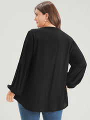 Solid Button Lantern Sleeve Polka Dot Blouse