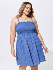 Cotton Striped Square Neckline Shirred Back Mini Dress