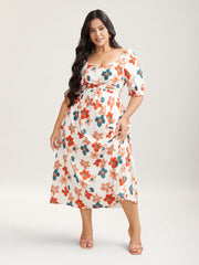 Sweet Floral Front-Twist Lined Midi Dress