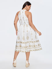 Geometric Embroidered Halter Neckline Midi Dress