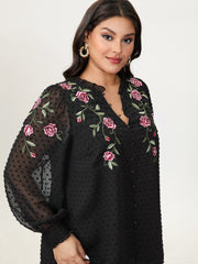 Rose Embroidered Textured Sheer Blouse
