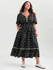 Floral Print Neck Tie Contrast Midi Dress