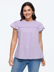 Cotton Textured Lace Trim Placket Blouse