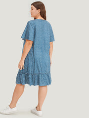 Water Drop Print Button Detail Ruffled Dress