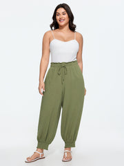 Linen Blend Shirred Drawstring Waist Jogger Pants