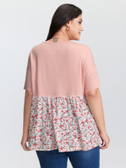 Floral Print Color Contrast Placket T-Shirt