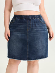 Stretchy Raw Hem Elastic Waist Denim Skort