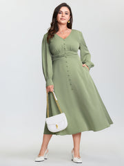 Pleated Waist Deep V-Neck Midi Dress