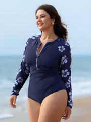 Floral Zipper Color Contrast One Piece Swimsuit