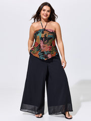 Stretchy Tropical Print Neck-Tie Jersey Top
