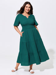 Shirred Waist Split Neckline Tiered Maxi Dress