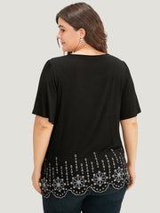 Embroidered Button Detail Scalloped Trim T-shirt