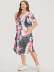 Tie Dye Pocket V Neck Dolman Sleeve Dress
