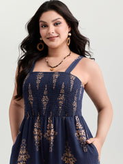 Geometric Print Waist-Defining Shirred Jumpsuit