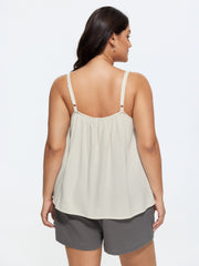 Linen Blend Beaded Pleated Flowy Plain Tank Top