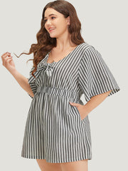 Striped Print Pocket Knot Flutter Sleeve Jumpsuit