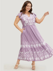 Bandana Cap Sleeve Notched Neck Pocket Flutter Hem Dress