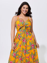 Tropical Print Twist Front Flowy Midi Dress
