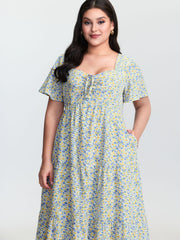 Floral Print Sweetheart Neckline Midi Dress