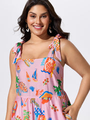 Supersoft Tropical Vacation Print Shirred Midi Dress