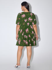 Floral Print Pleated V-Neck Mini Dress