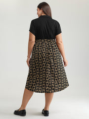 Geometric Print Collar Contrast Midi Dress
