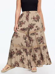 Floral Print Tiered Lace Trim Pants