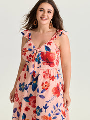 Floral Print Flutter Sleeve Contrast Maxi Dress