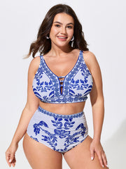 Tropical Print Cut-Out Neckline Swim Top
