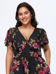 Romantic Floral Print Layered Sleeve Midi Dress