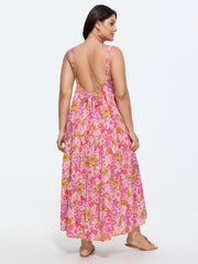 Floral Print Adjustable Backless Drawstring Maxi Dress