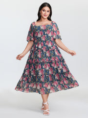 Floral Print Mesh Ruffled Maxi Dress
