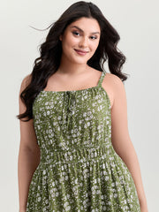 Dense Floral Print Cinched-Waist Midi Dress