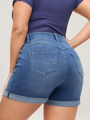High-Rise Folded Hem Skinny-Fit Denim Shorts
