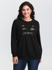 Meow Embroidery Stretchy Round Neck Sweatshirt